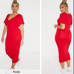 Red Jersey V-Neck T-Shirt Midi Dress